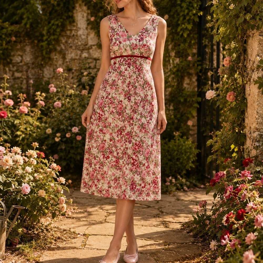 K Studio Floral Sleeveless Midi Dress Cottagecore Pink Roses Size 14 Romantic
